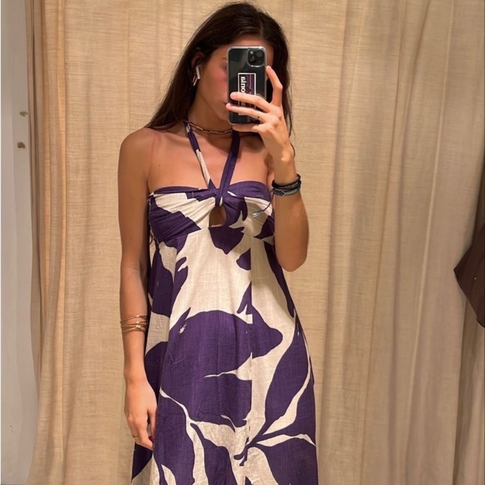 OYSHO/Zara Purple Cream Long Floral Halter Tie Dress